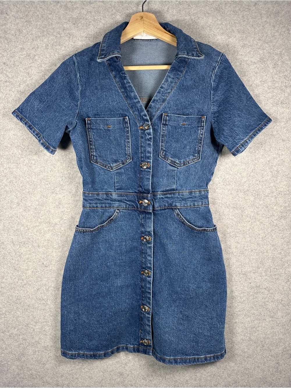 Zara Women’s Denim Blue Short Sleeve Button Up Front Mini Dress S NWT Utility - Picture 2 of 9